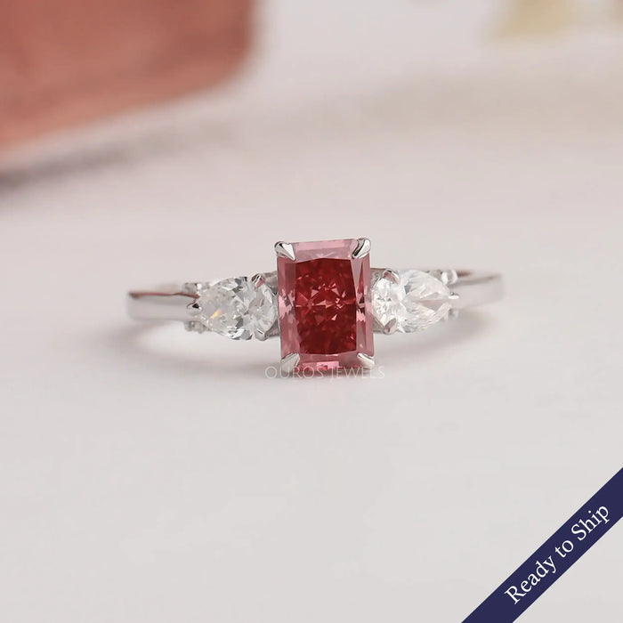1.10 Carat Pink Radiant Cut With Pear Shape Lab Diamond Three Stone Engagement Ring
