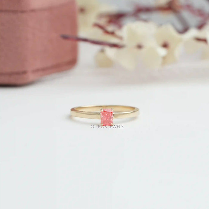 [PinK Radiant Cut Diamond Ring With Yellow Gold Band]-[Ouros Jewels]