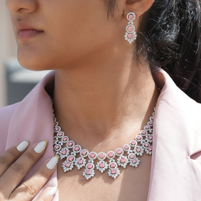 [On Neck And Ear Pink Round Cut Lab Grown Diamond Necklace And Earrings]-[Ouros Jewels]