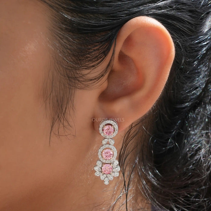 [on Ear View Of Pink Diamond Cluster Earrings]-[Ouros Jewels]