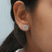 [A Women wearing Pink Round Diamond Halo Stud Earrings]-[Ouros Jewels]