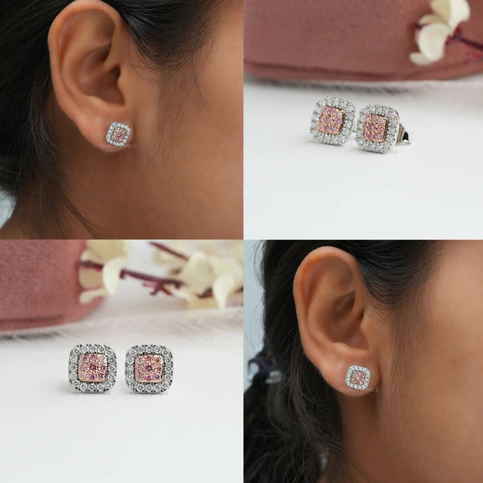 [Collage of Round Diamond Halo Stud Earrings]-[Ouros Jewels]