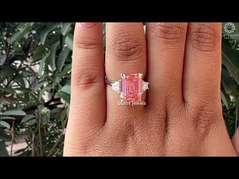 [Youtube Video of Pink Emerald Cut Three Stone Lab Created Diamond Ring]-[Ouros Jewels]