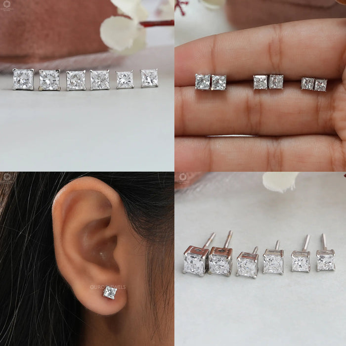 [a collage of several images of princess cut diamond stud earrings]-[Ouros Jewels]