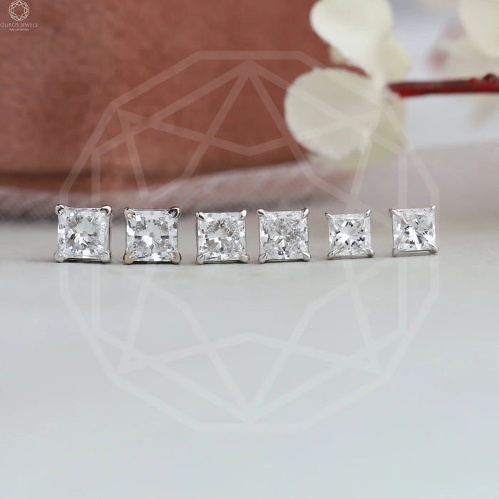 [front view of princess diamond stud earrings]-[Ouros Jewels]