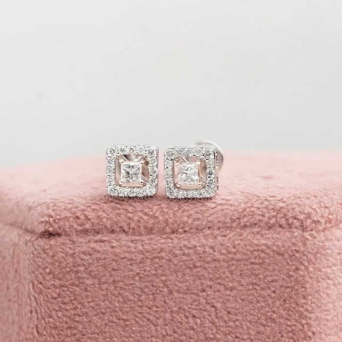 [Front View of Princess Cut Lab Diamond Stud Earrings]-[Ouros Jewels]
