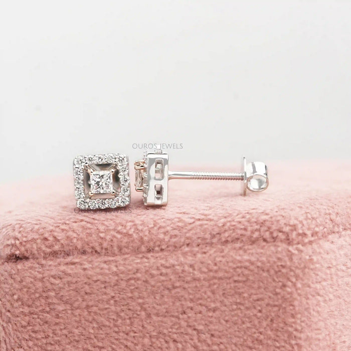 [Princess Cut Halo Diamond Stud Earrings]-[Ouros Jewels]