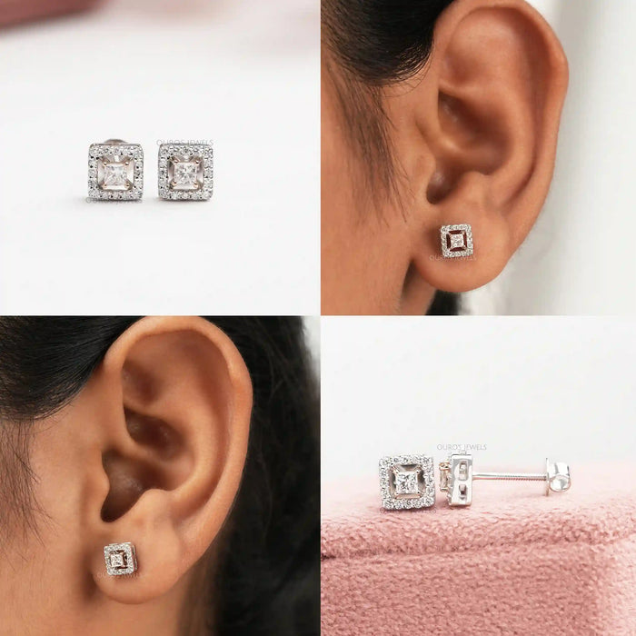 [Collage of Princess Cut Lab Diamond Stud Earrings]-[Ouros Jewels]