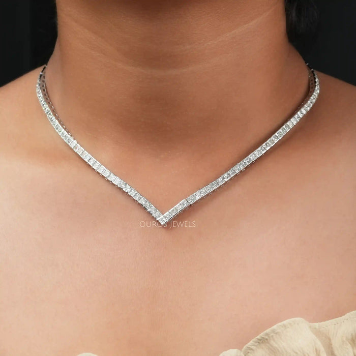 [21.50 Carat Princess Cut Lab Grown Diamond Tennis Necklace]-[Ouros Jewels]