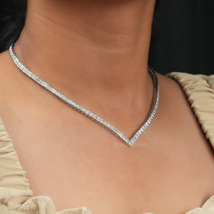 [On Neck Side View Of Princess Cut Diamond Tennis Necklace Made With Platinum]-[Ouros Jeweks]