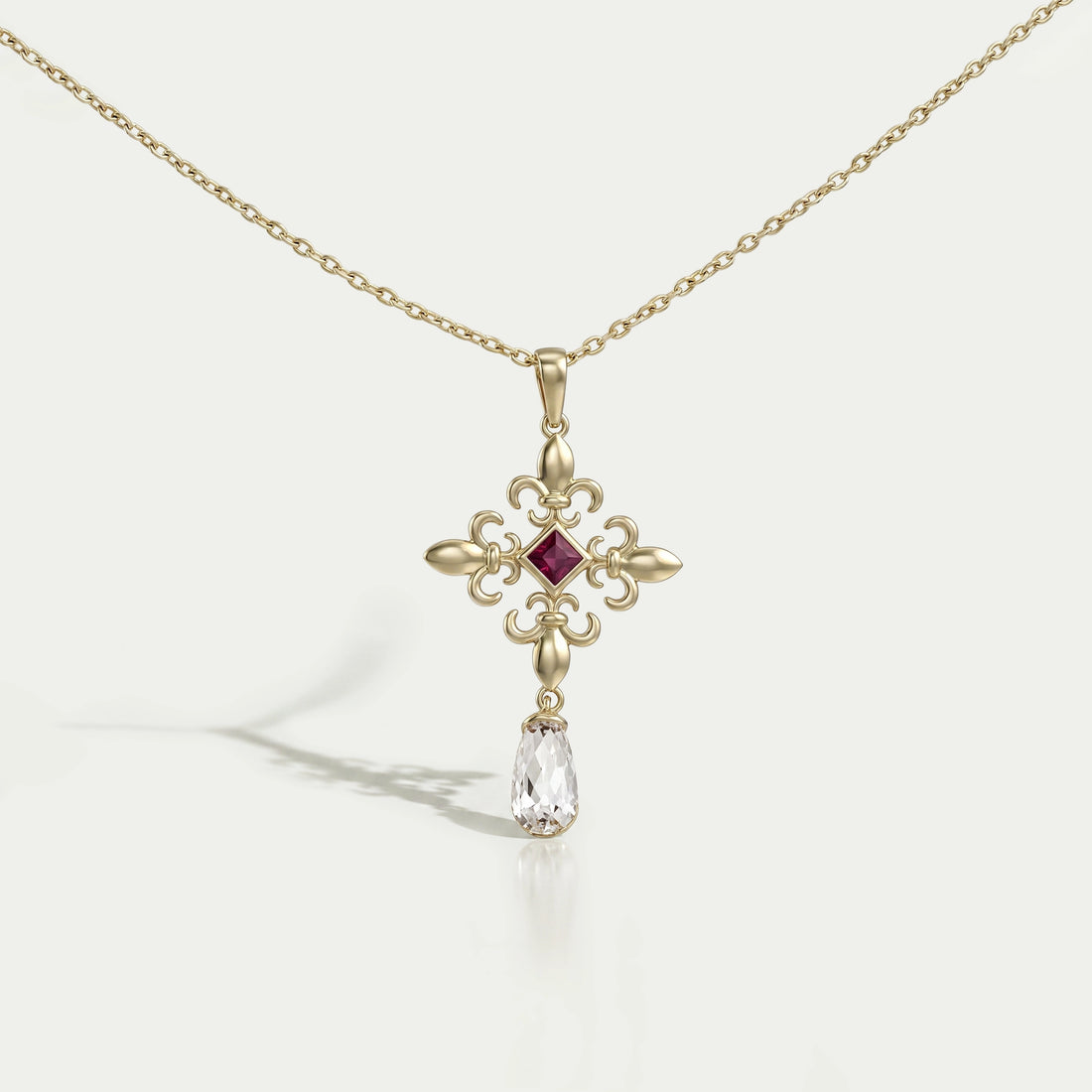 Princess Ruby Gemstone Fleur De Lis Pendant Necklaces