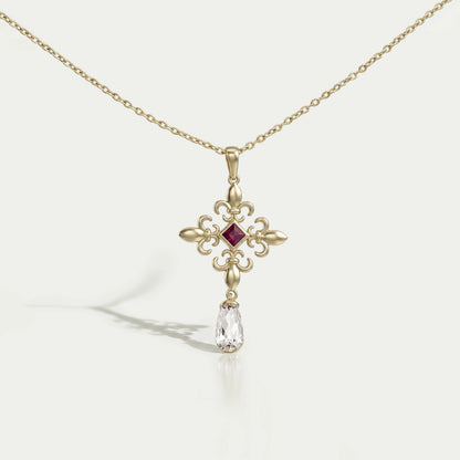Princess Ruby Gemstone Fleur De Lis Pendant Necklaces