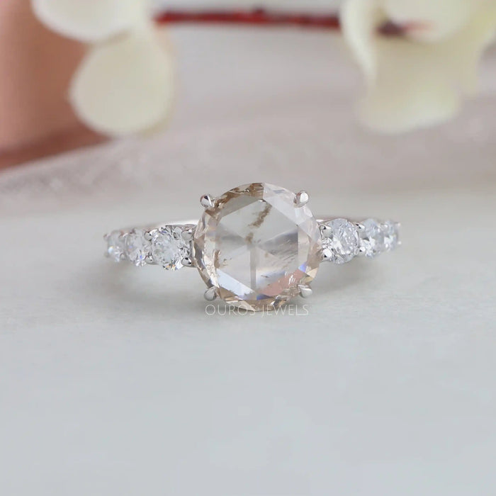 [Front View Of Rose Cut Round Diamond Solitaire Accent Stone Engagement Ring]-[Ouros Jewels]