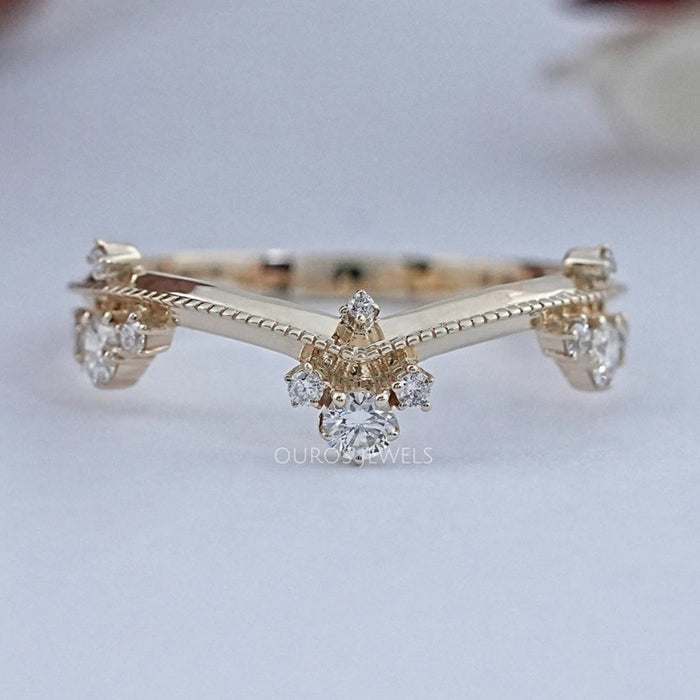 Crown Style Round Cut Lab Diamond Chevron Band Rings