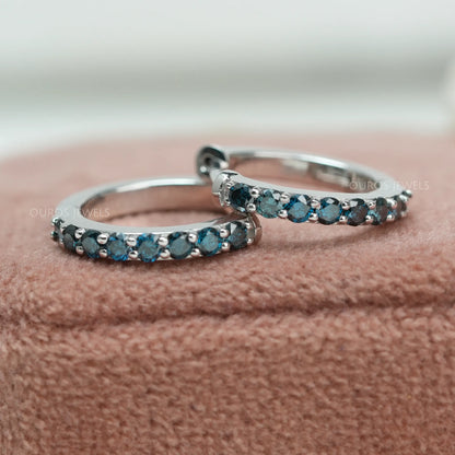 Fancy Round Cut Lab Grown Diamond Hoop Huggie Earrings Blue Earring