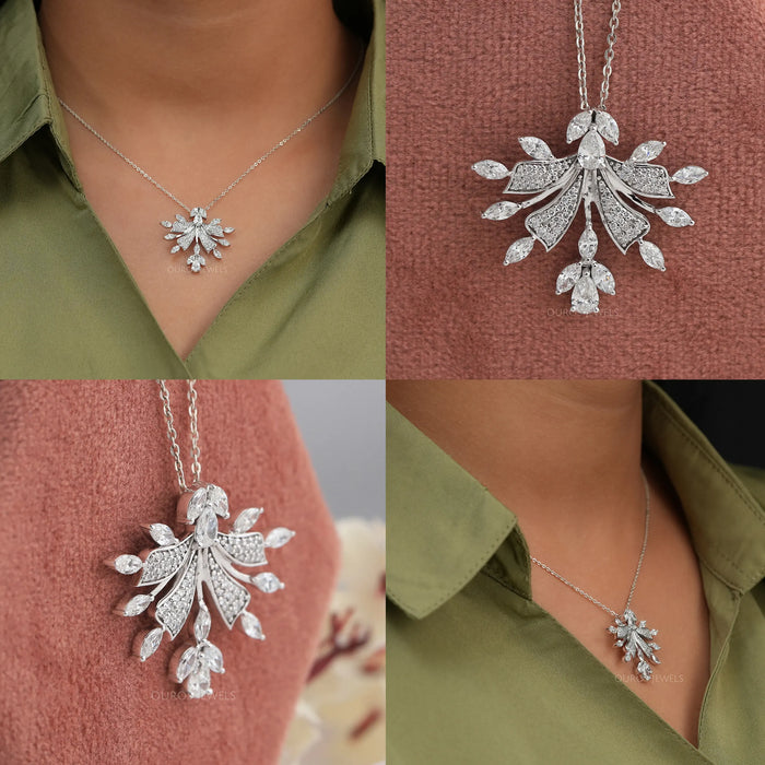 Collage of vintage leaf shaped diamond pendant in solid white gold