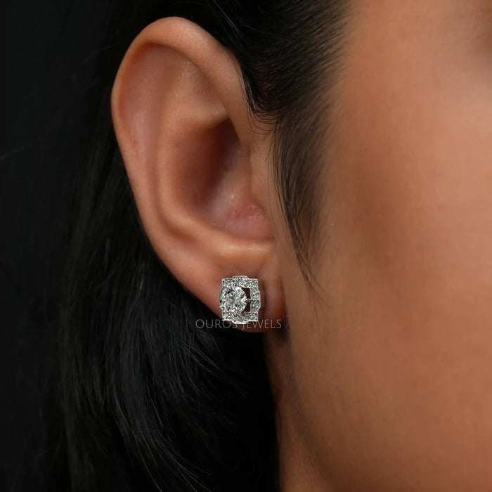 [Round cut diamond halo stud earring]-[Ouros Jewels]