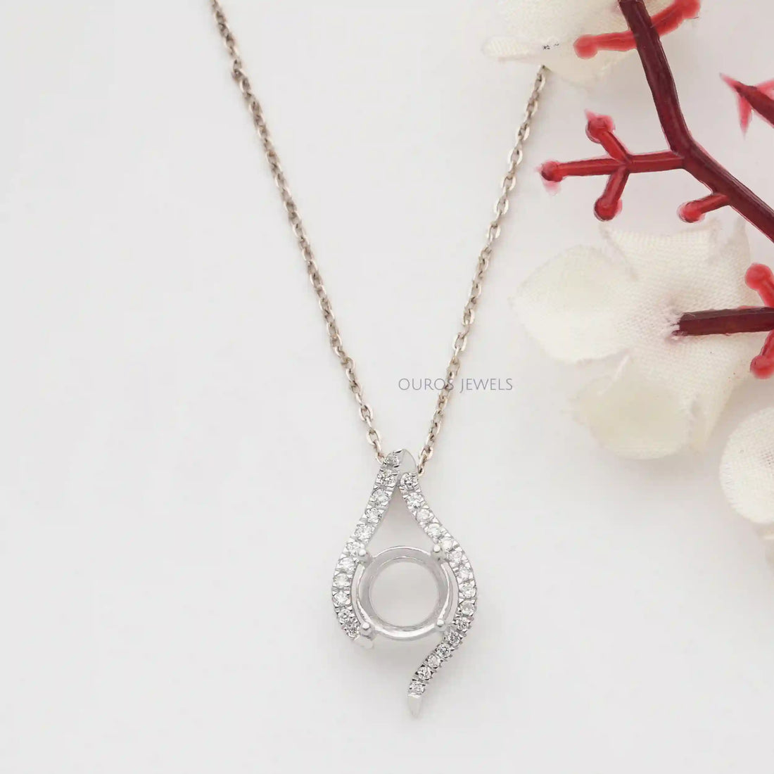 Round Cut Semi Mount Asymmetrical Pendant Necklaces