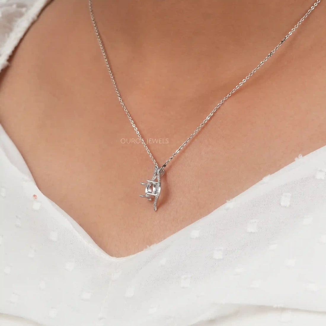 Round Cut Semi Mount Asymmetrical Pendant Necklaces