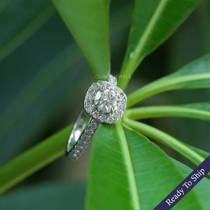 [Halo Diamond Round Engagement Ring on a leaf]-[Ouros Jewels]