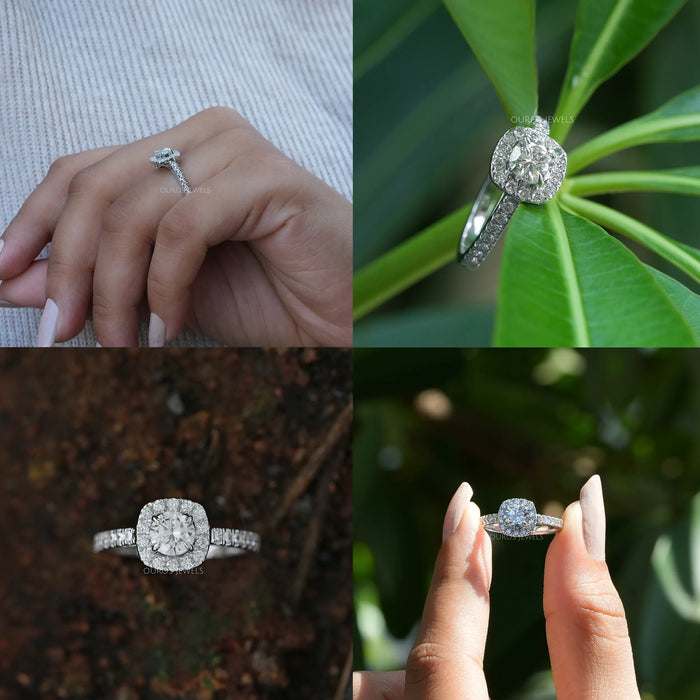 [Four Picture of Lab-diamond round halo engagement ring]-[Ouros Jewels]