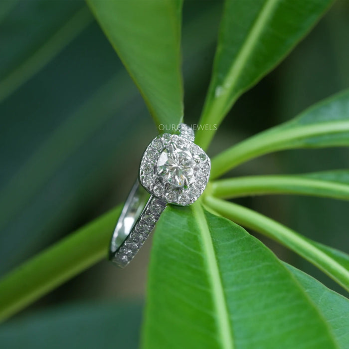 [Round Cut Halo Diamond Ring on tail of a green leaf]-[Ouros Jewels]