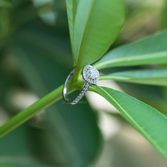 [ a engagement ring with accent halo diamond on tail of a leaf]-[Ouros Jewels]