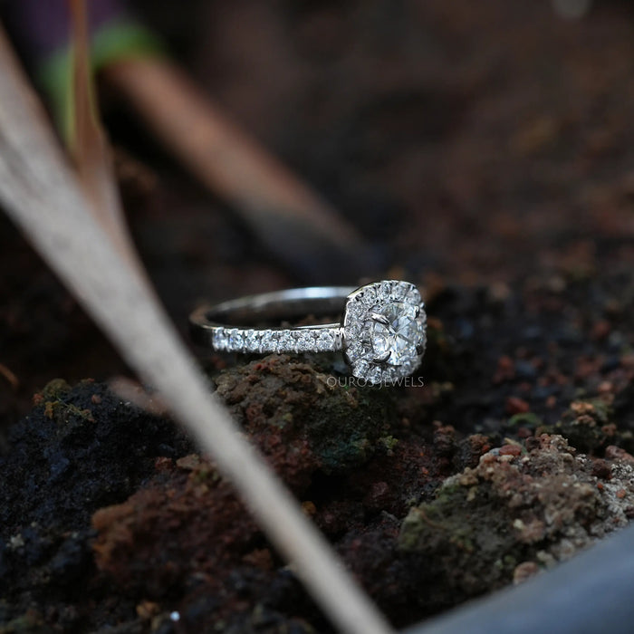 [Side View of Halo Accent Diamond Ring Laying on ground]-[Ouros Jewels]