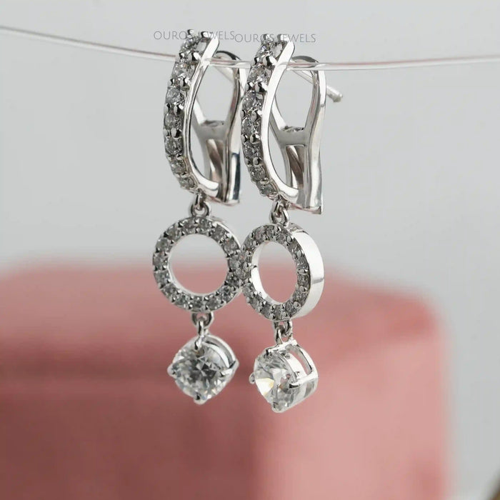 [Side View of Round Diamond Drop Earrings]-[Ouros Jewels]