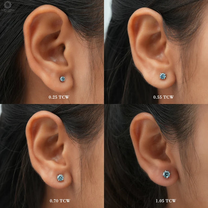Blue Round Diamond Solitaire Stud Earrings