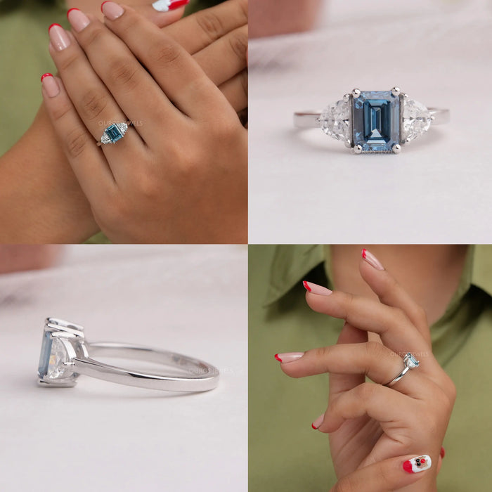 Collage of fancy blue emerald cut three stone diamond engagement ring