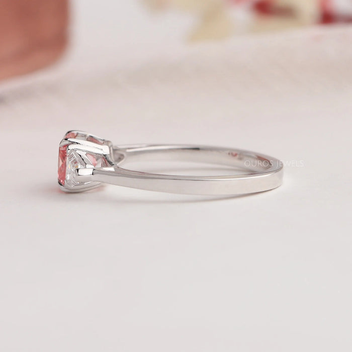 Side View Of Lab Diamond Three Stone Engagement Ring Made With 14K Solid White Gold