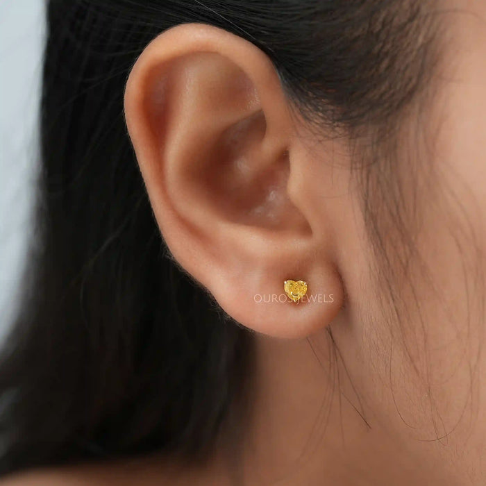 Yellow Heart Cut Solitaire Diamond  Stud Earrings