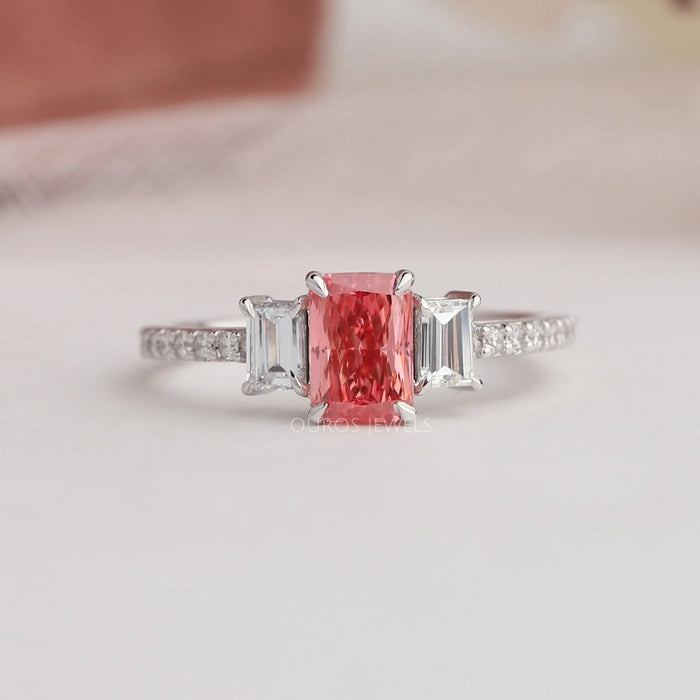 Front Look Of Pink Radiant Cut lab Made Accent Diamond Engagement Ring