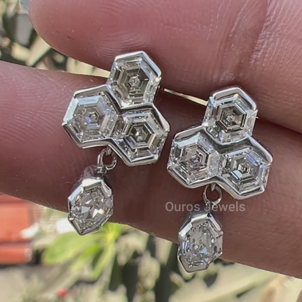 [Video Of Hexagon And Step Cut Oval Diamond Women's Earrings]-[Ouros Jewels]