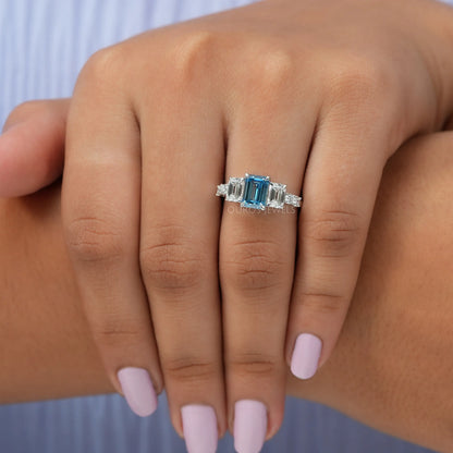 Blue Emerald Cut Lab Diamond Engagement Ring