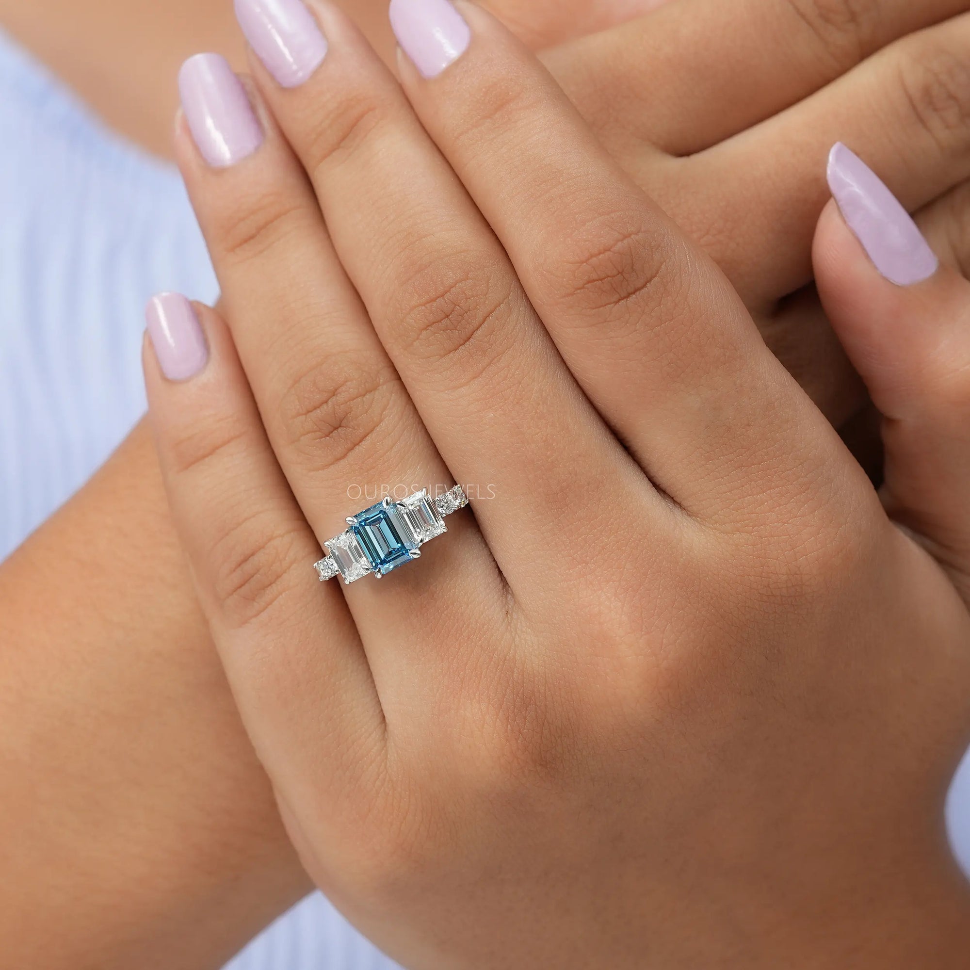 Blue Emerald Cut Lab Diamond Engagement Ring