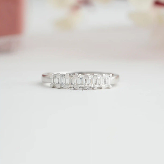 7 Stone lab grown diamond emerald cut wedding band in solid gold
