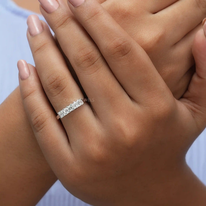 In finger look of emerald cut lab created diamond 7 stone wedding ring