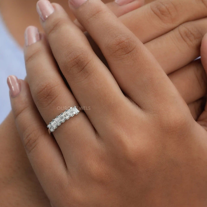 In finger look of emerald cut lab created diamond wedding ring