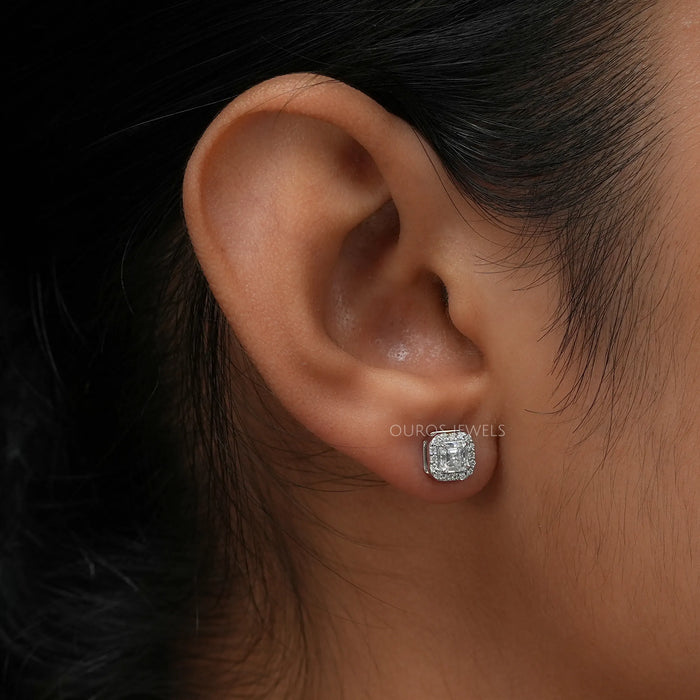 Asscher cut diamond halo studs ... These classic halo studs are a ready to ship product
