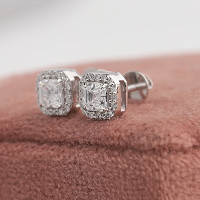 Shining lab created diamond halo stud earrings with claw prongs and screw back setting crafted in 14k white gold 