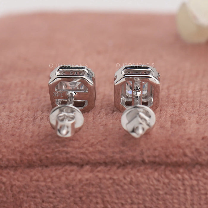14k white gold lab created diamond earrings with asscher cut diamonds in screw back setting handcrafted at Ouros Jewels 