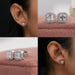 Different looks of asscher cut diamond earrings with halo setting crafted with VS clarity lab diamonds in 14k white gold