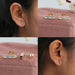 Collage of baguette cut lab made diamond stud earrings with screw back setting in yellow gold