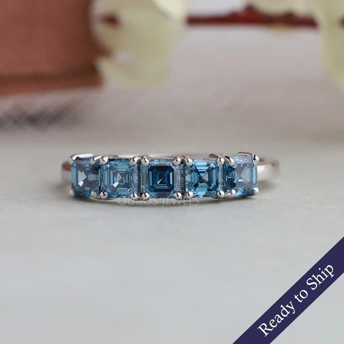 Five stone blue asscher cut lab grown diamond engagement ring in 14k white gold