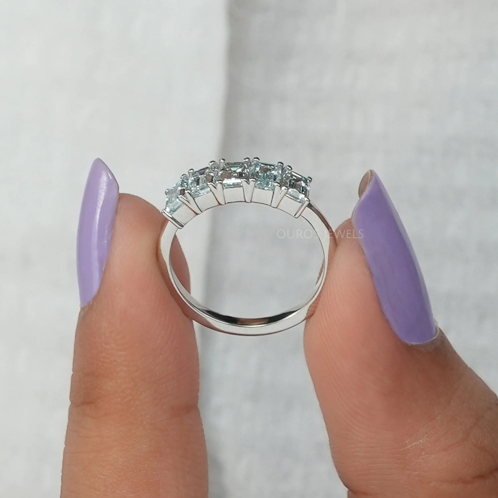 Five Stone Light Blue Emerald Cut Wedding Ring