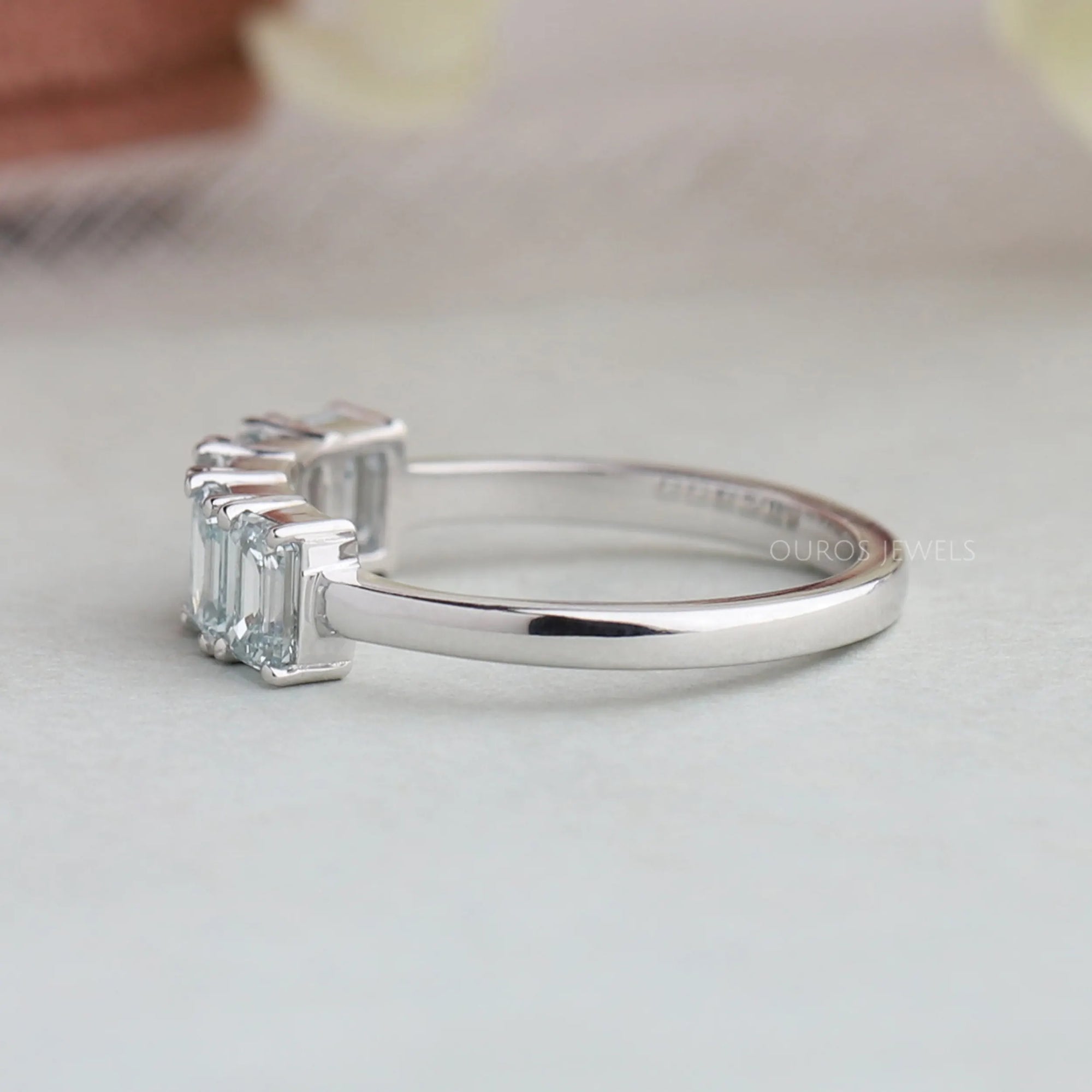 Five Stone Light Blue Emerald Cut Wedding Ring