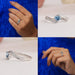 Collage of heart shaped  diamond engagement ring, showing all angles of ring front, side, cross & in finger.