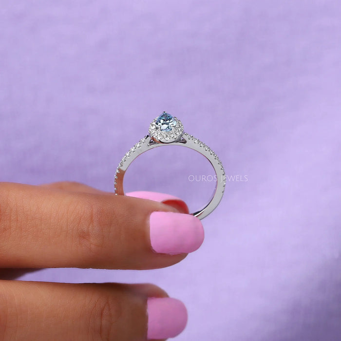 [Beautiful White Gold Engagement Ring with Blue Emerald Diamond, Halo Setting, and Accent Diamonds]-[Ouors Jewels]
